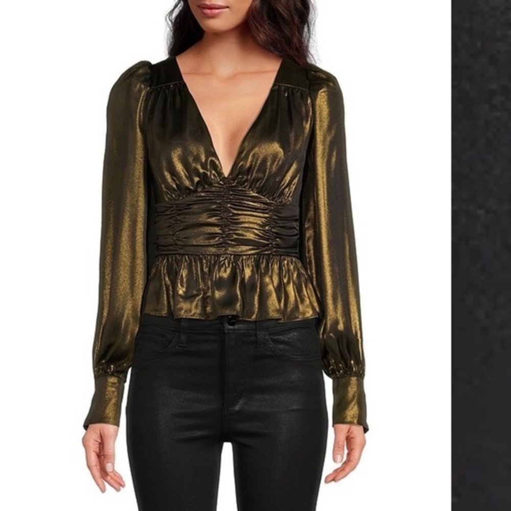 WAYF Plunge V-Neck Long Blouson Sleeve Hem Peplum Top, Antique Brass, size M NWT